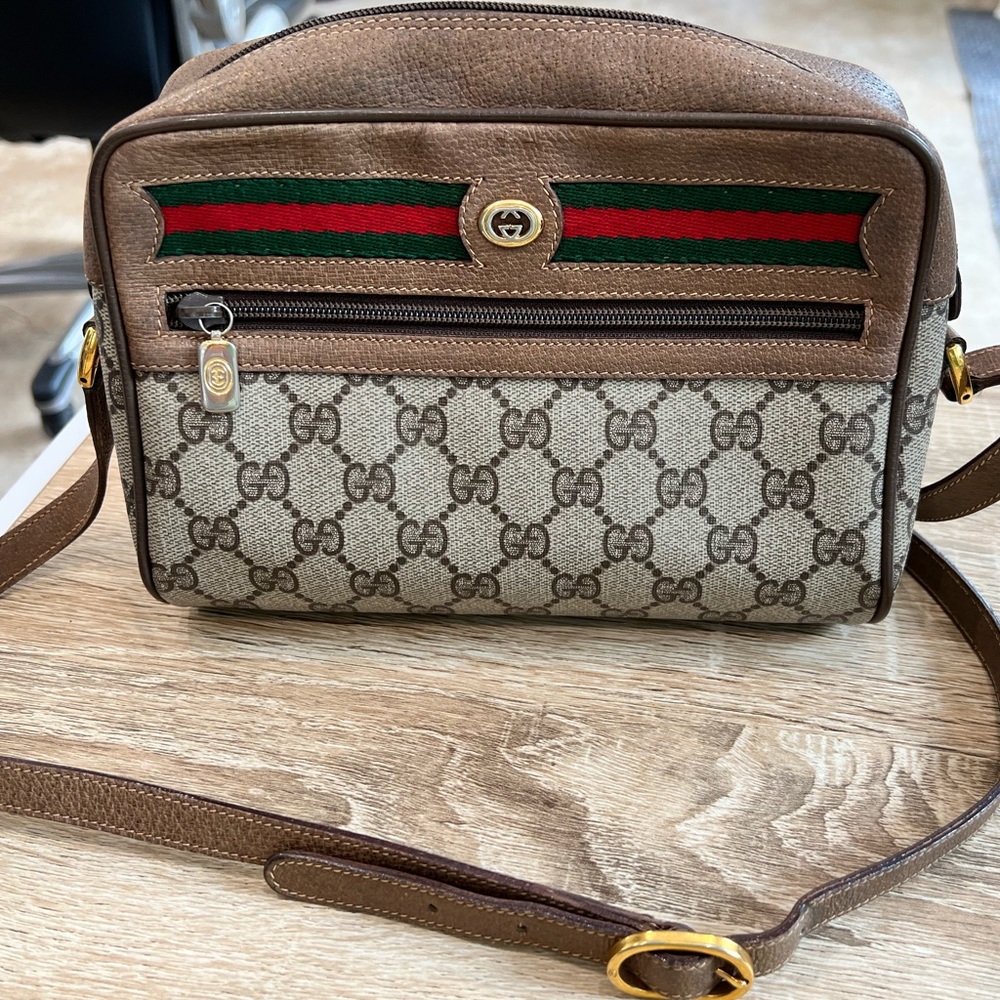 Gucci Ophidia Web Stripe Brown GG Supreme Canvas Leather Cross Body Hand Bag VTG